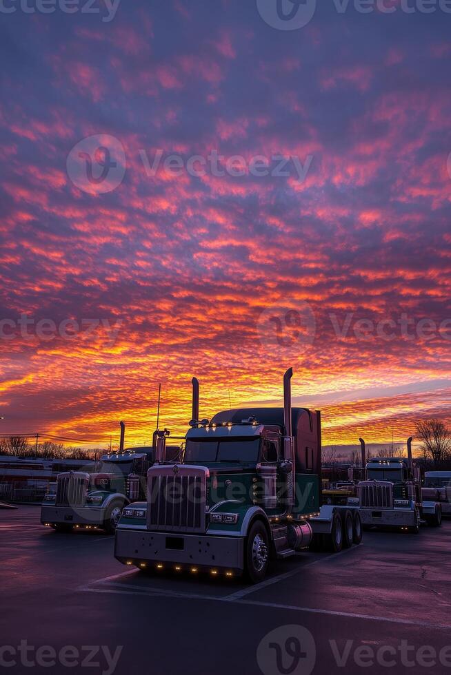 Trucks parked under vibrant sunset sky with dramatic clouds at dusk in a tranquil location photo