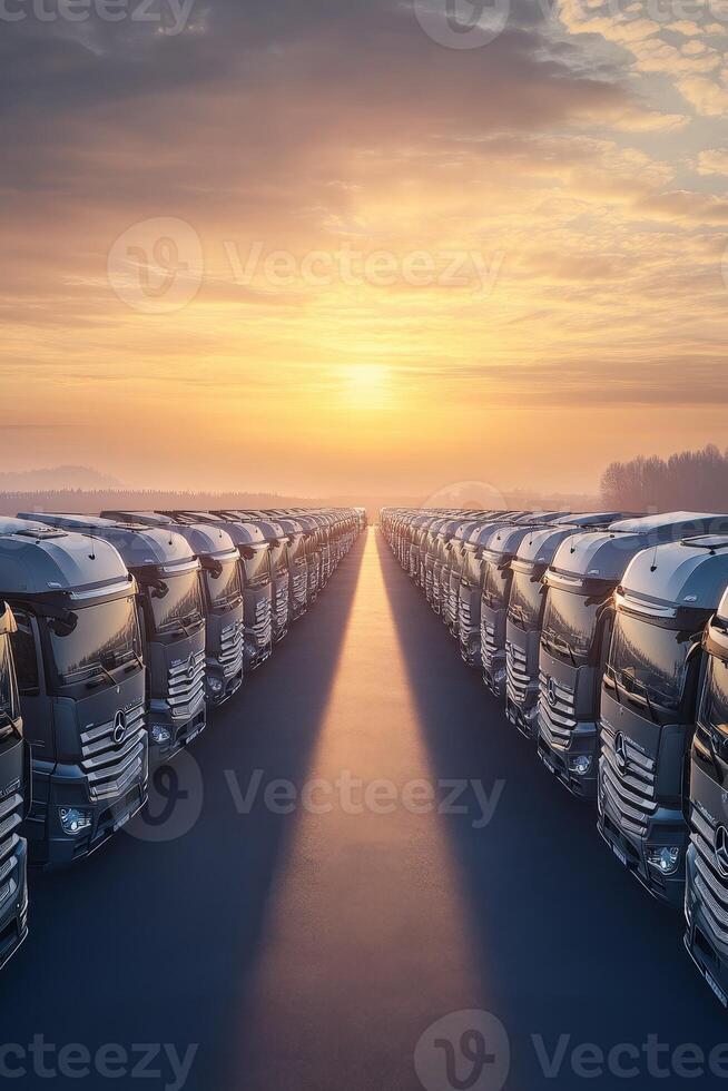 Sunrise over a row of parked trucks creating a striking visual in the early morning light on a quiet highway photo