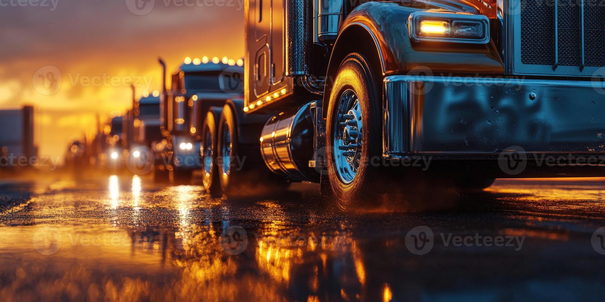 Trucks on a wet highway at sunset reflecting golden light while waiting for traffic to clear photo