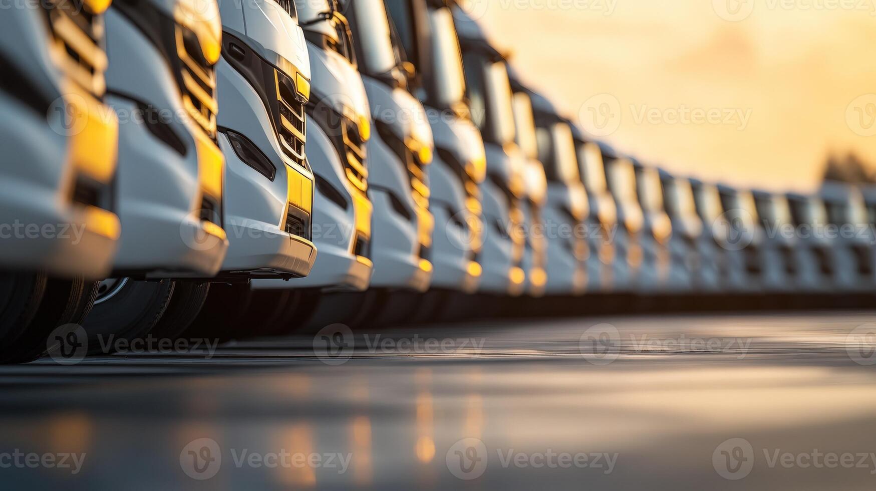Rows of parked trucks during sunset at a transportation yard create a striking visual with warm golden hues photo