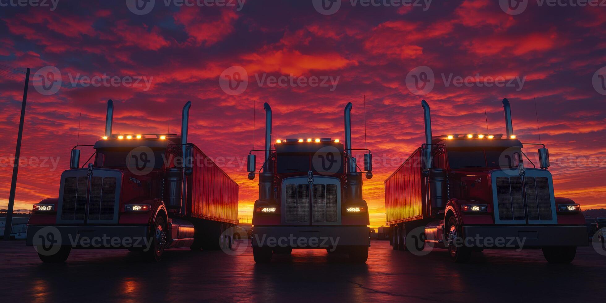 Bold red trucks parked under a vibrant sunset sky with dramatic clouds at an industrial location in the evening hours photo