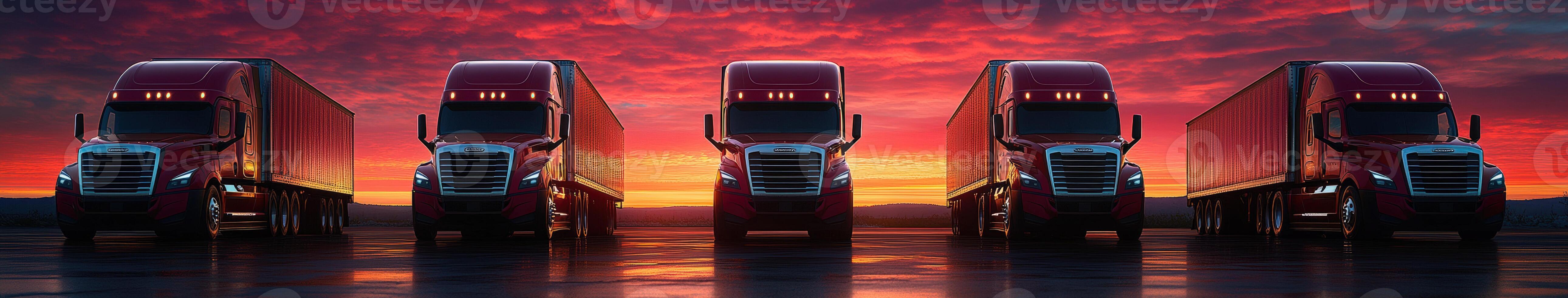 Three trucks lined up against a vibrant sunset with colorful clouds in the background photo