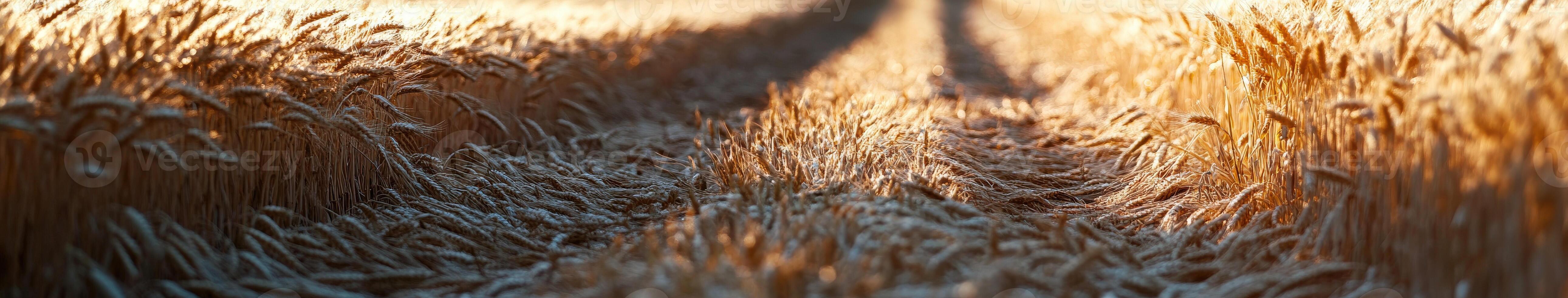 Wheat field at sunset with golden stalks gently swaying in the breeze under warm light and long shadows stretching across the earth photo