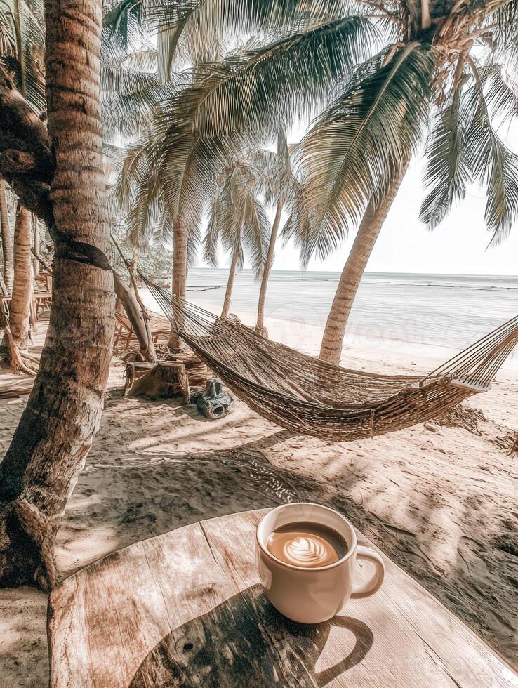 Enjoying a relaxing coffee moment on a tropical beach with swaying palm trees and a hammock photo