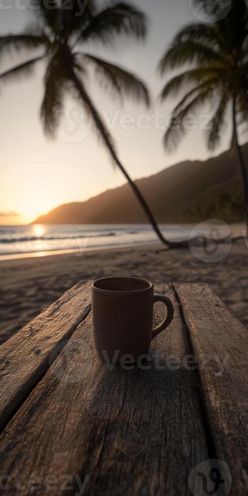 Enjoying a cup of coffee at sunrise on a tranquil beach with palm trees photo