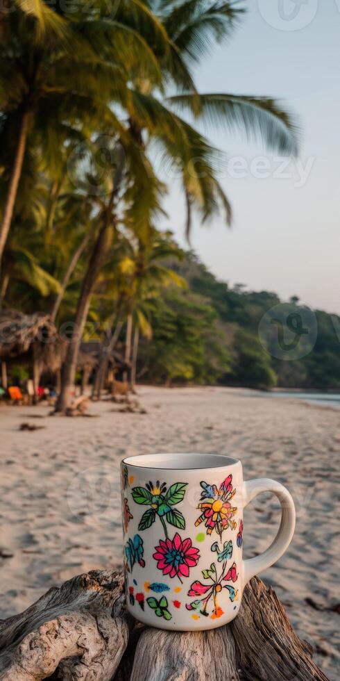 Tropical beach with colorful mug at sunset near palm trees on a tranquil shore photo