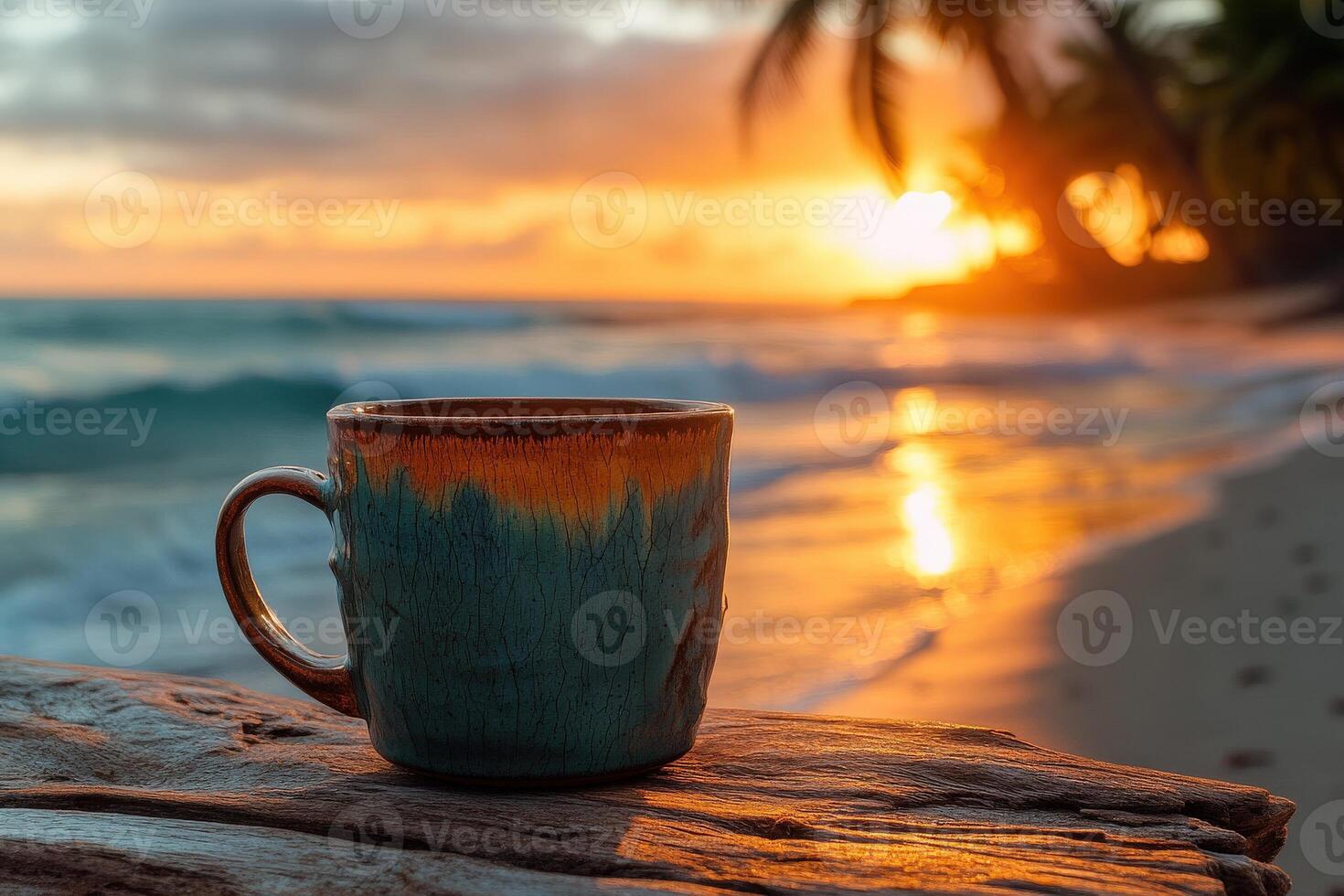 Enjoying a warm cup of coffee on the beach at sunset with gentle waves in the background photo