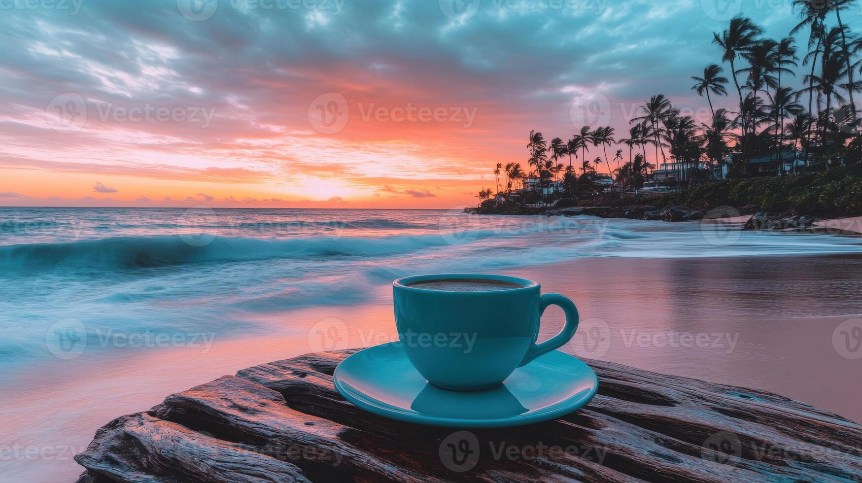 Enjoying a warm cup of coffee at sunset on a tropical beach with gentle waves and palm trees photo