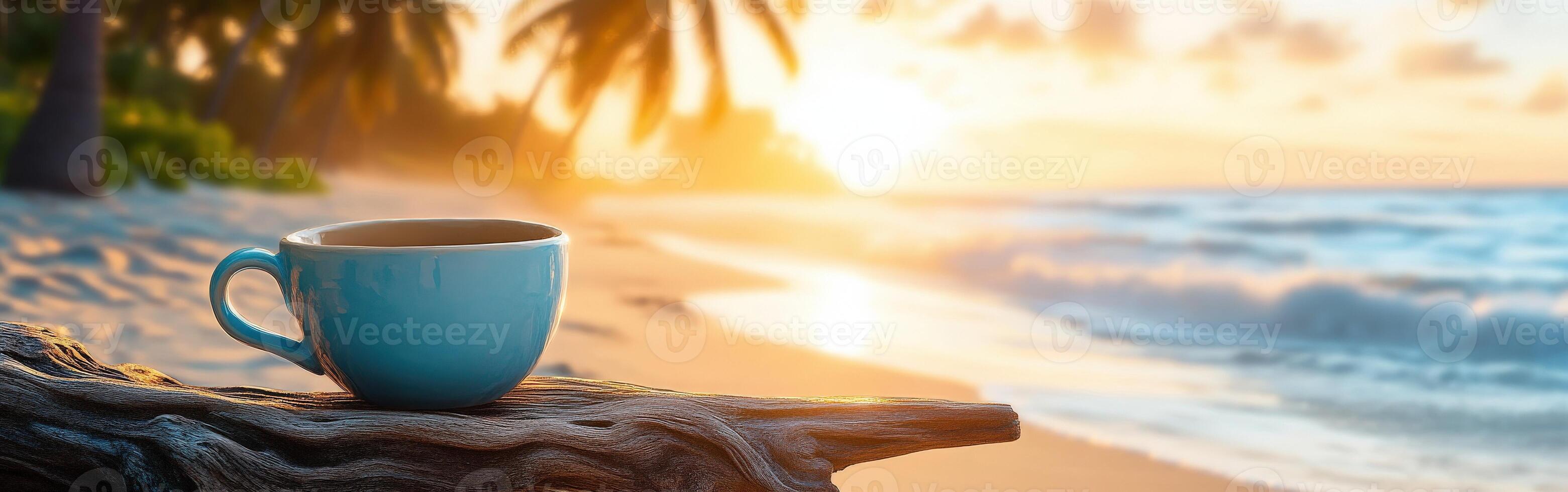 Sunset view with a cup of coffee on the beach, surrounded by palm trees in a tranquil tropical setting photo