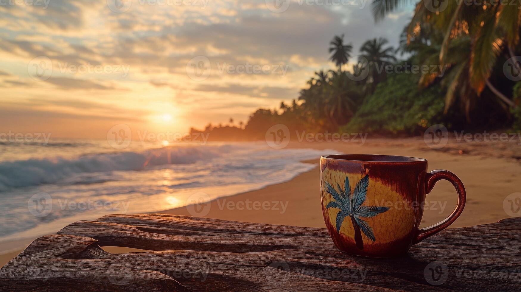 Enjoying coffee on a tranquil beach at sunset with palm trees in the backdrop photo