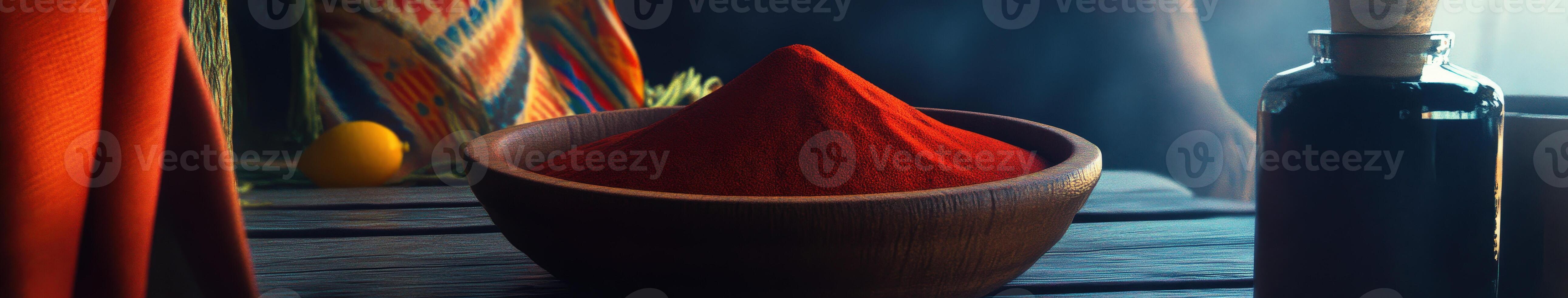 A wooden table with a red object in it photo