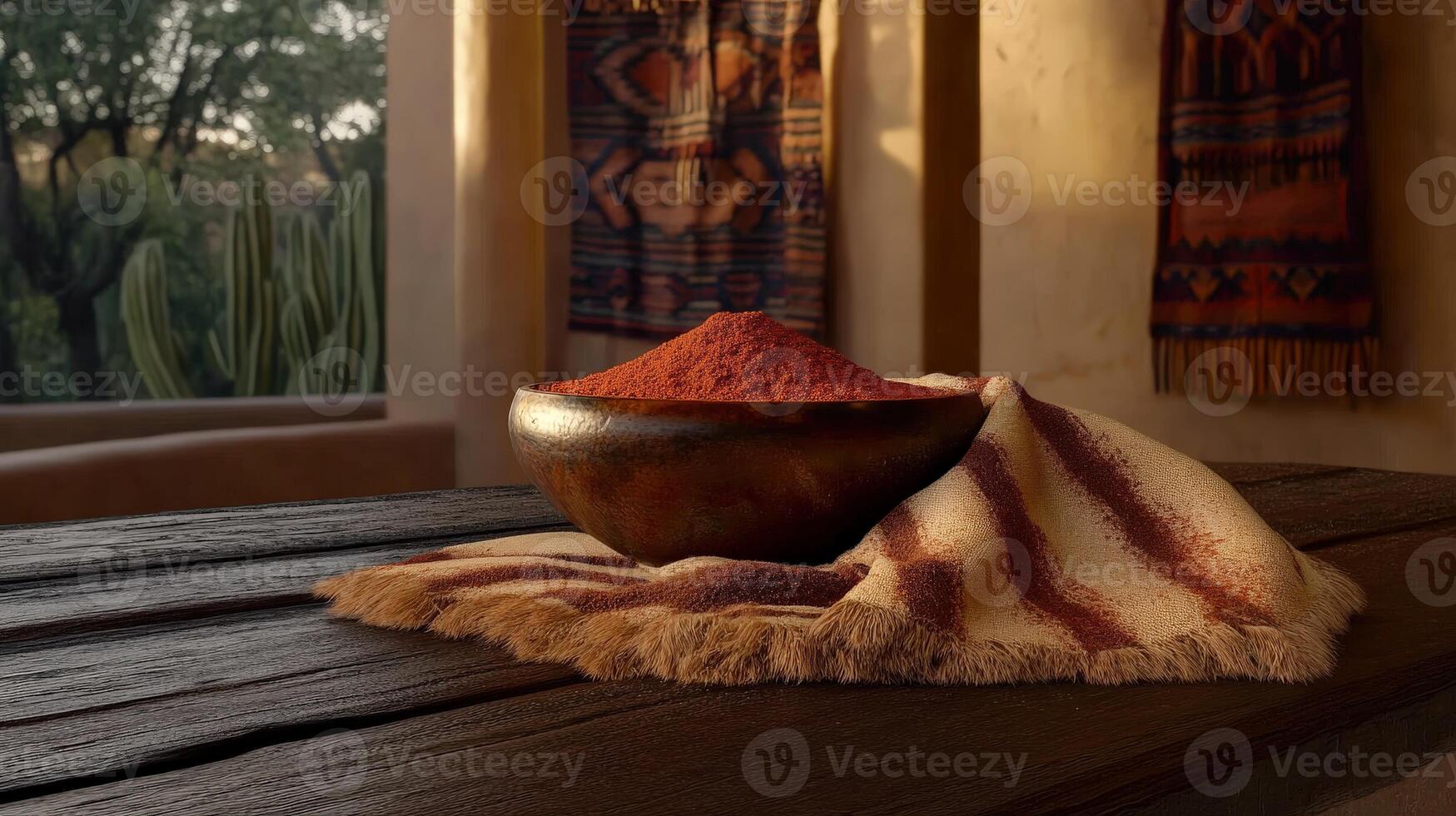 Tajin spice in a rustic bowl placed on a patterned cloth with vibrant natural decor in the background photo