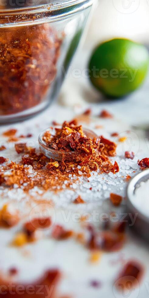 Enjoying flavorful tajin seasoning with zesty lime for culinary adventures in the kitchen photo