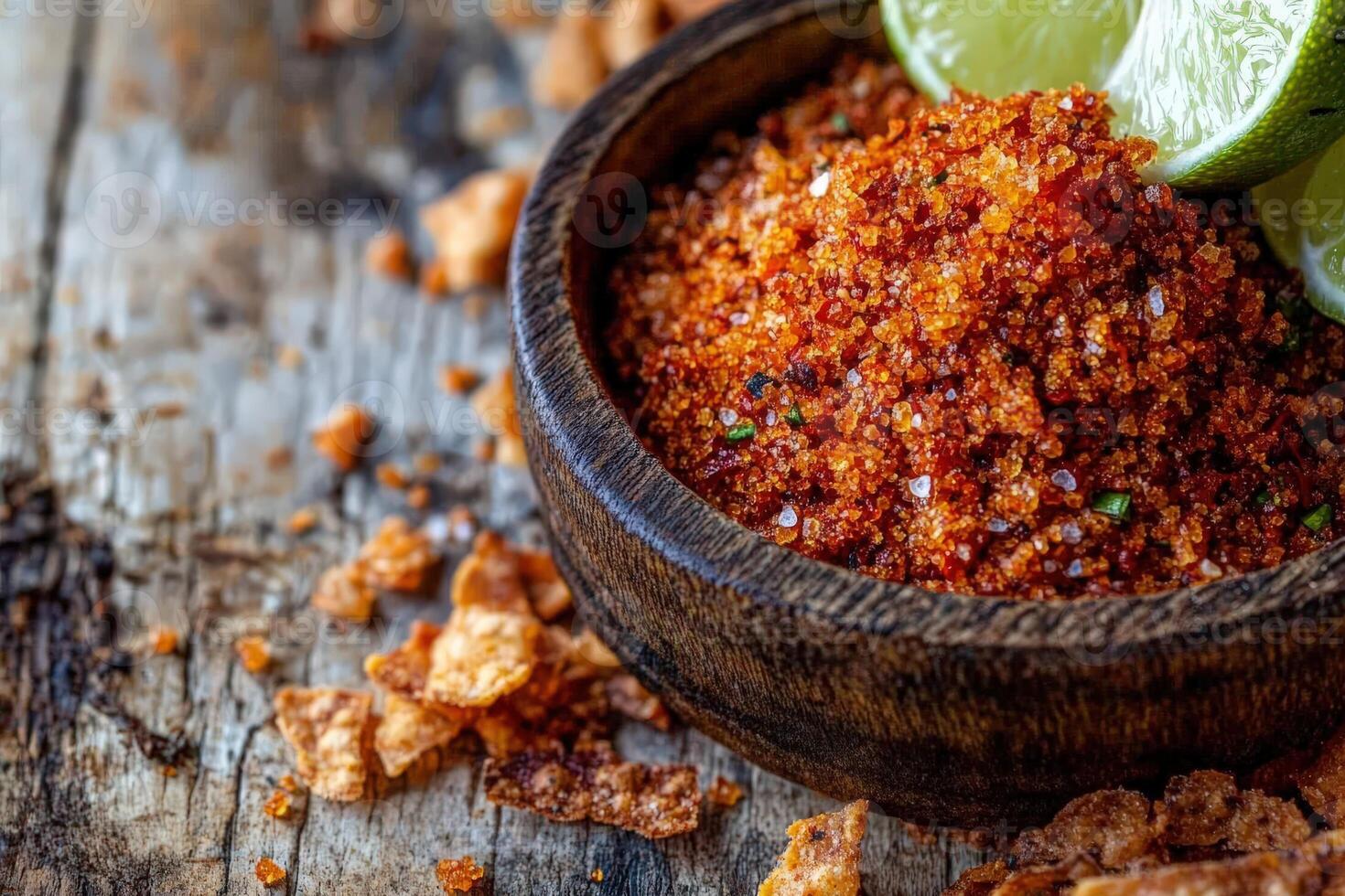 Tajin seasoning with lime wedges on a rustic wooden surface sprinkled with snacks photo