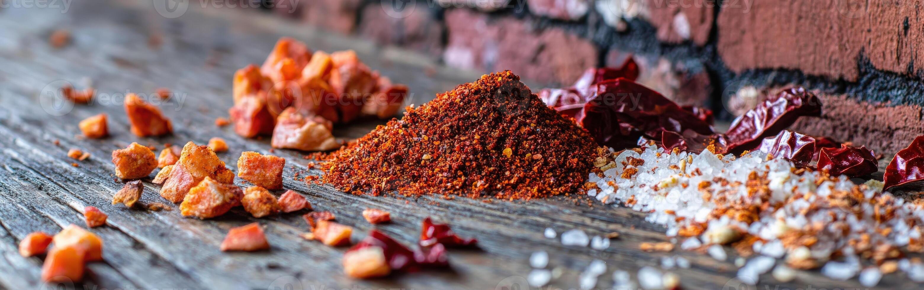 Colorful spices including tajin displayed on a rustic wooden surface with dried chilies and salt complementing the blend photo