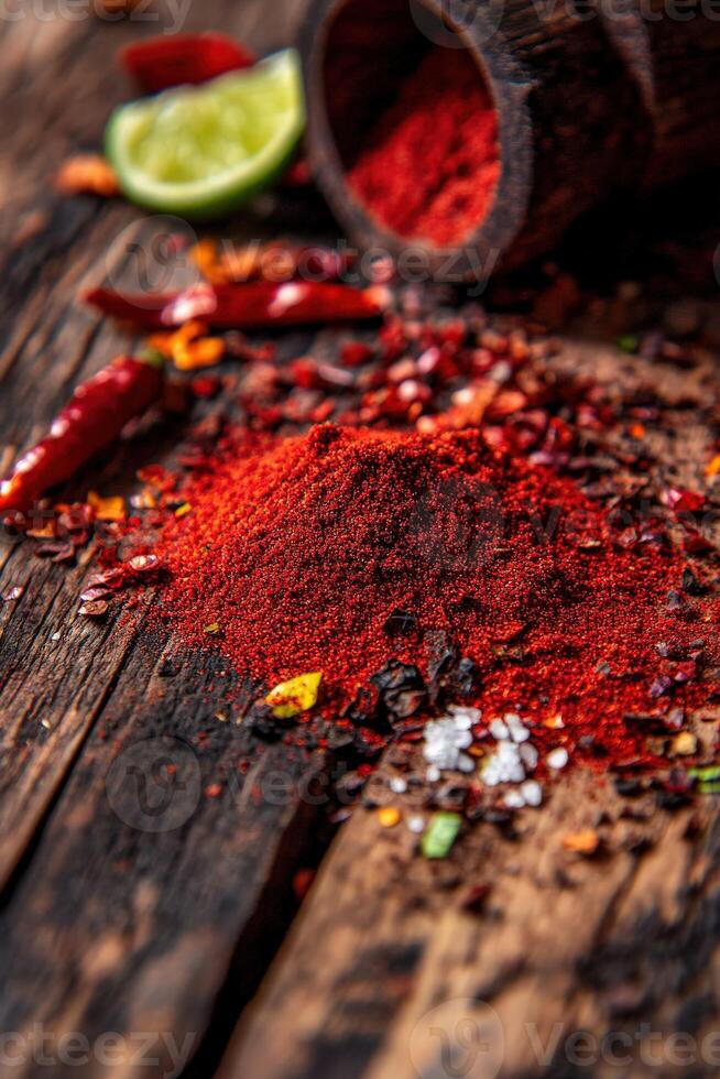 Exploration of spices in vibrant colors and textures on rustic wooden surface showcasing authentic culinary elements photo