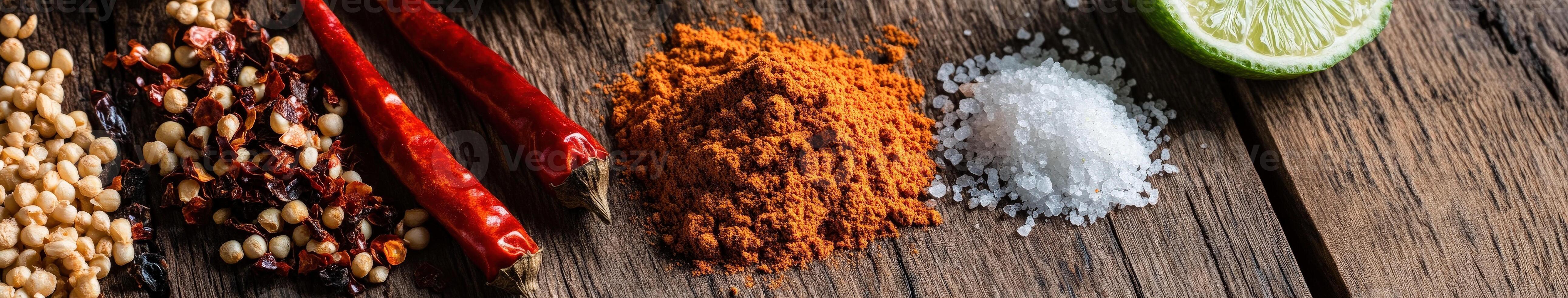 Seasoning exploration featuring vibrant spices and zestful lime on a rustic wooden surface photo