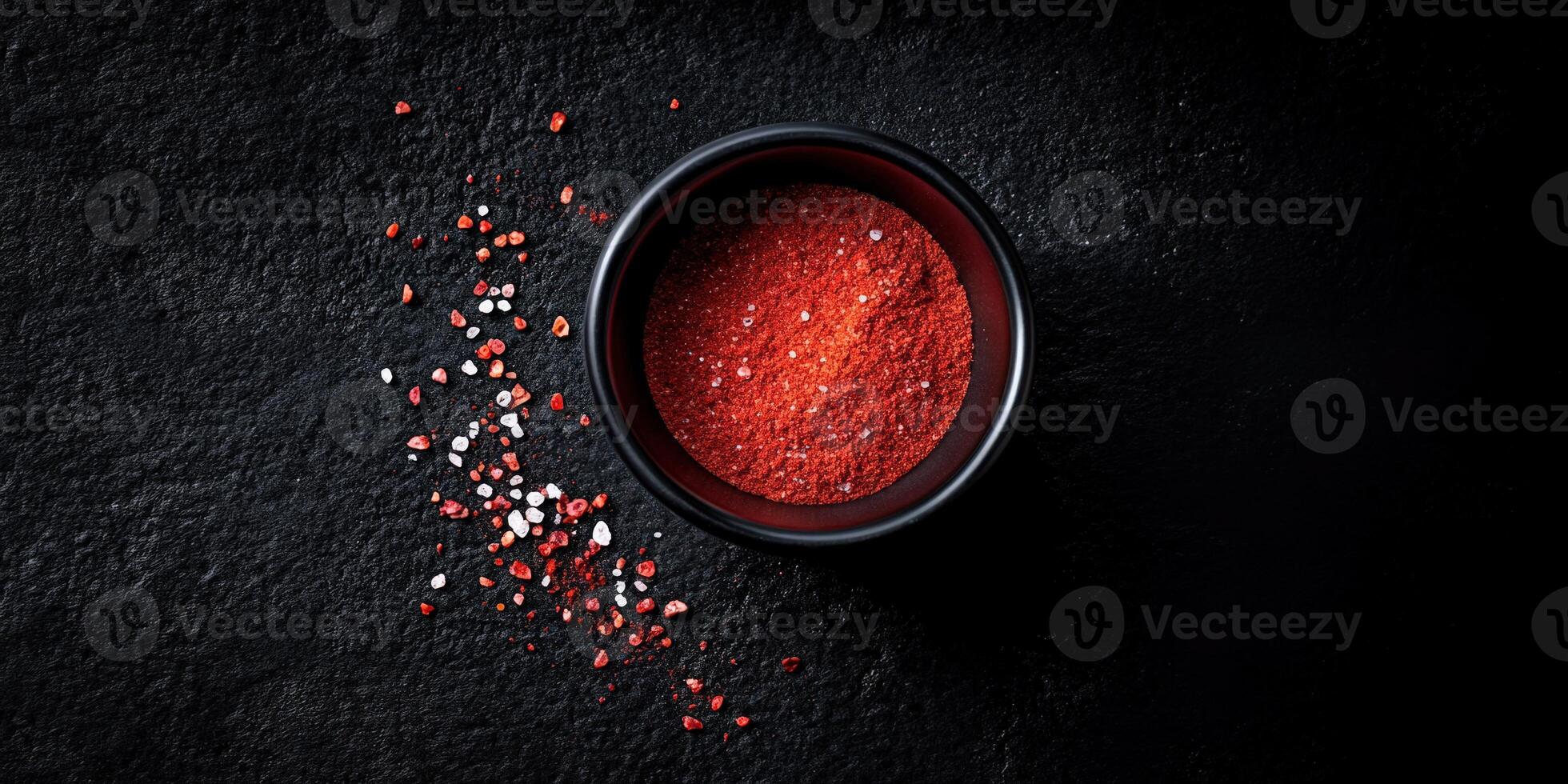 Rich and vibrant spice blend in a dark bowl with scattered grains on a textured surface photo