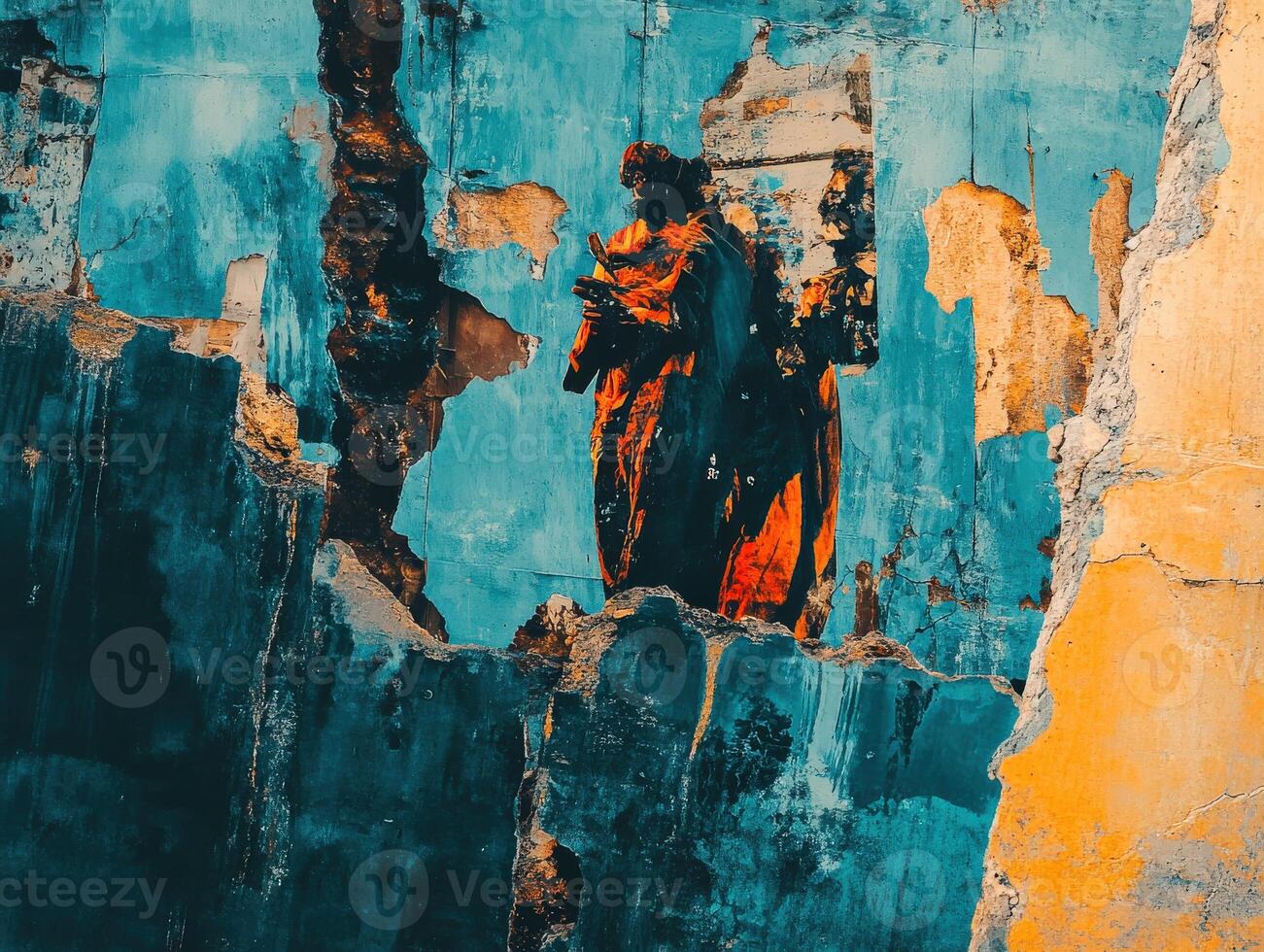 A painting of a man standing in front of a wall photo