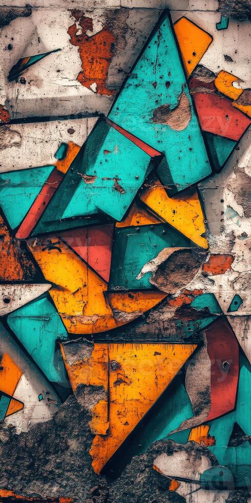 A graffiti wall with colorful triangles photo