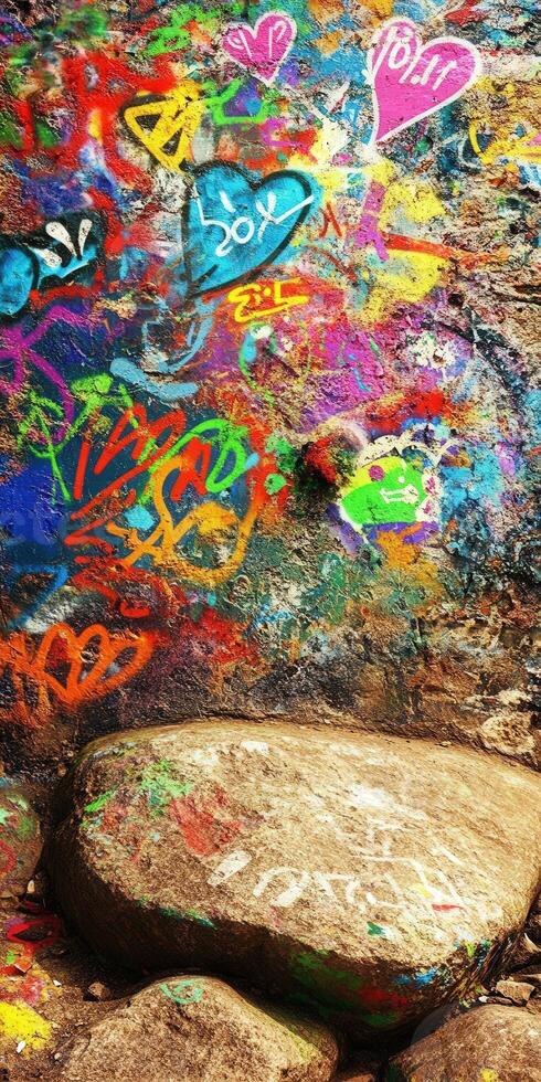 A rock with graffiti on it and a large rock photo