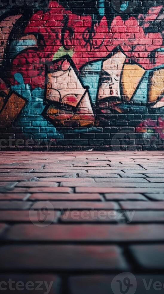 A brick wall with graffiti on it and a brick floor photo