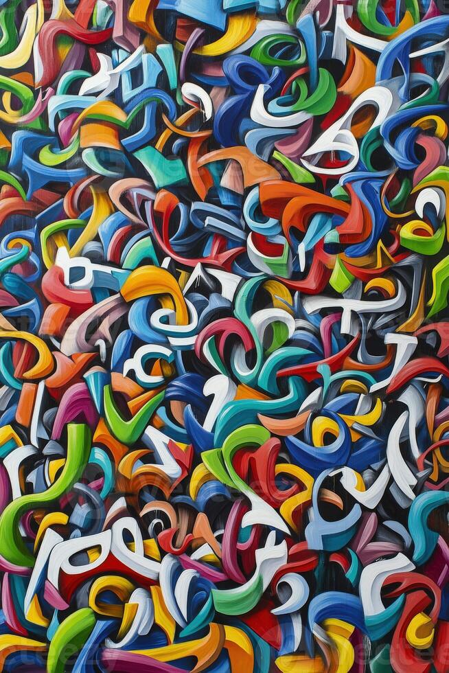 Colorful graffiti artwork vibrant with swirling letters and shapes photo