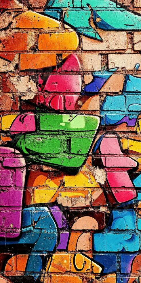 Vibrant graffiti art on a brick wall in an urban area photo