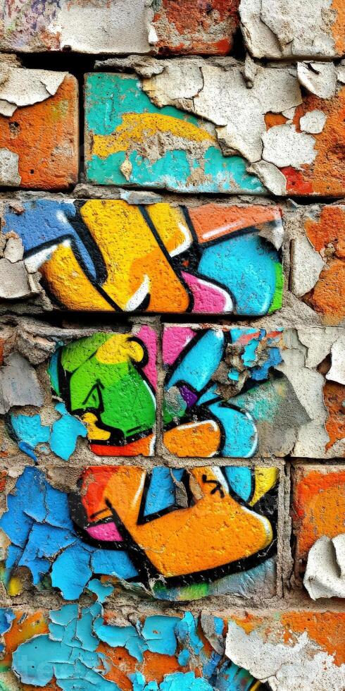 Colorful graffiti brings vibrancy to an old brick wall photo