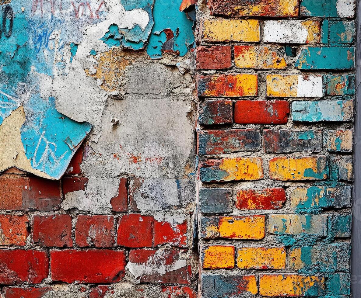Vibrant urban graffiti decorates a weathered brick wall in the city photo