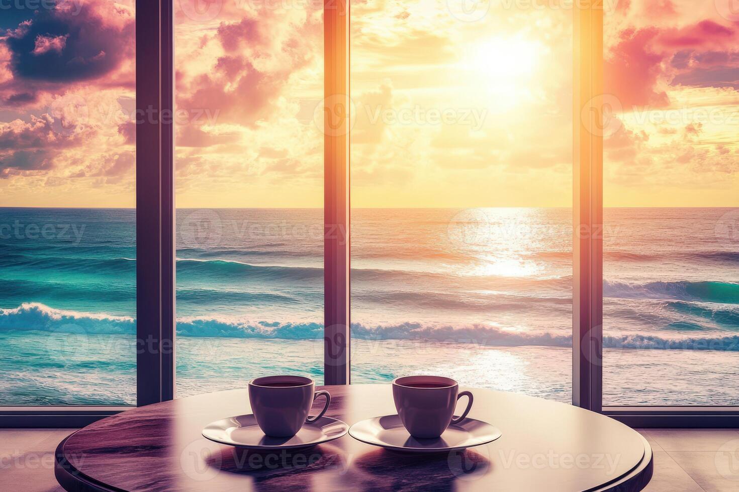 Coffee cups on table in front of window with ocean view photo
