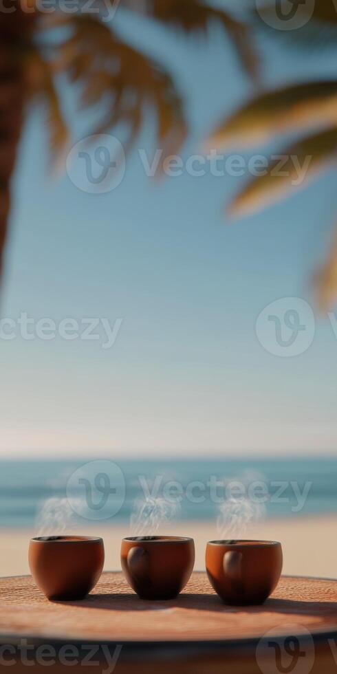 Enjoying steaming coffee by the ocean view photo