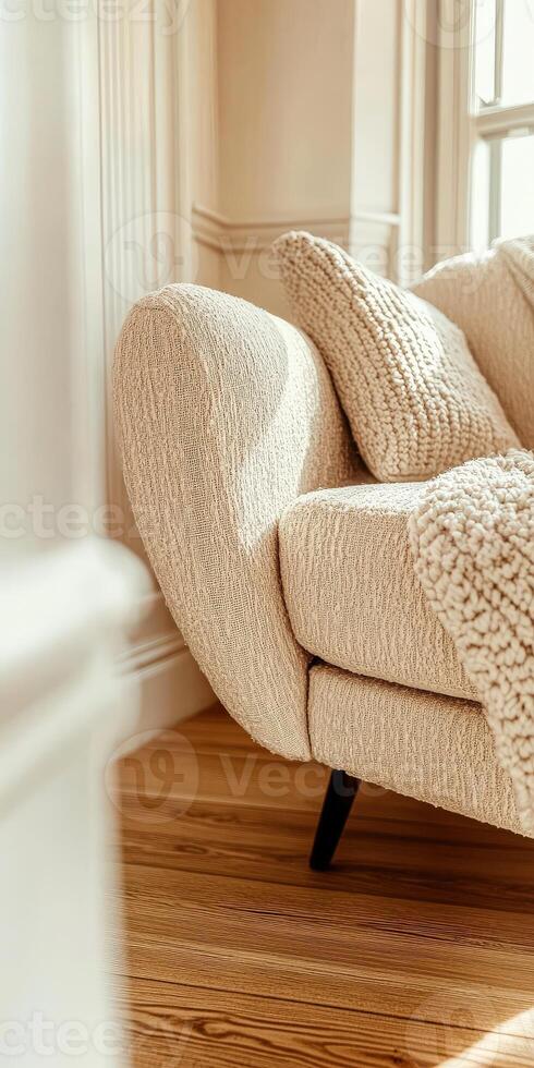 A white couch with pillows and a wooden floor photo