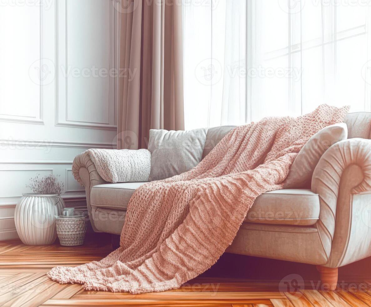 A couch is sitting in front of a window with a blanket photo