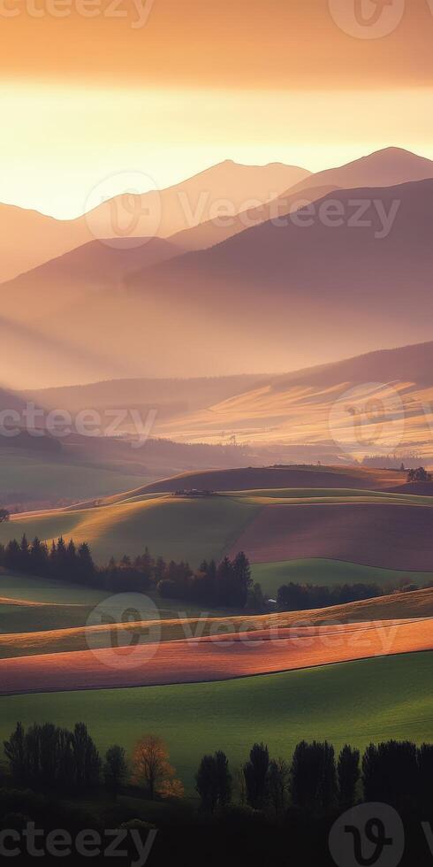 Serene hills at sunset glow photo