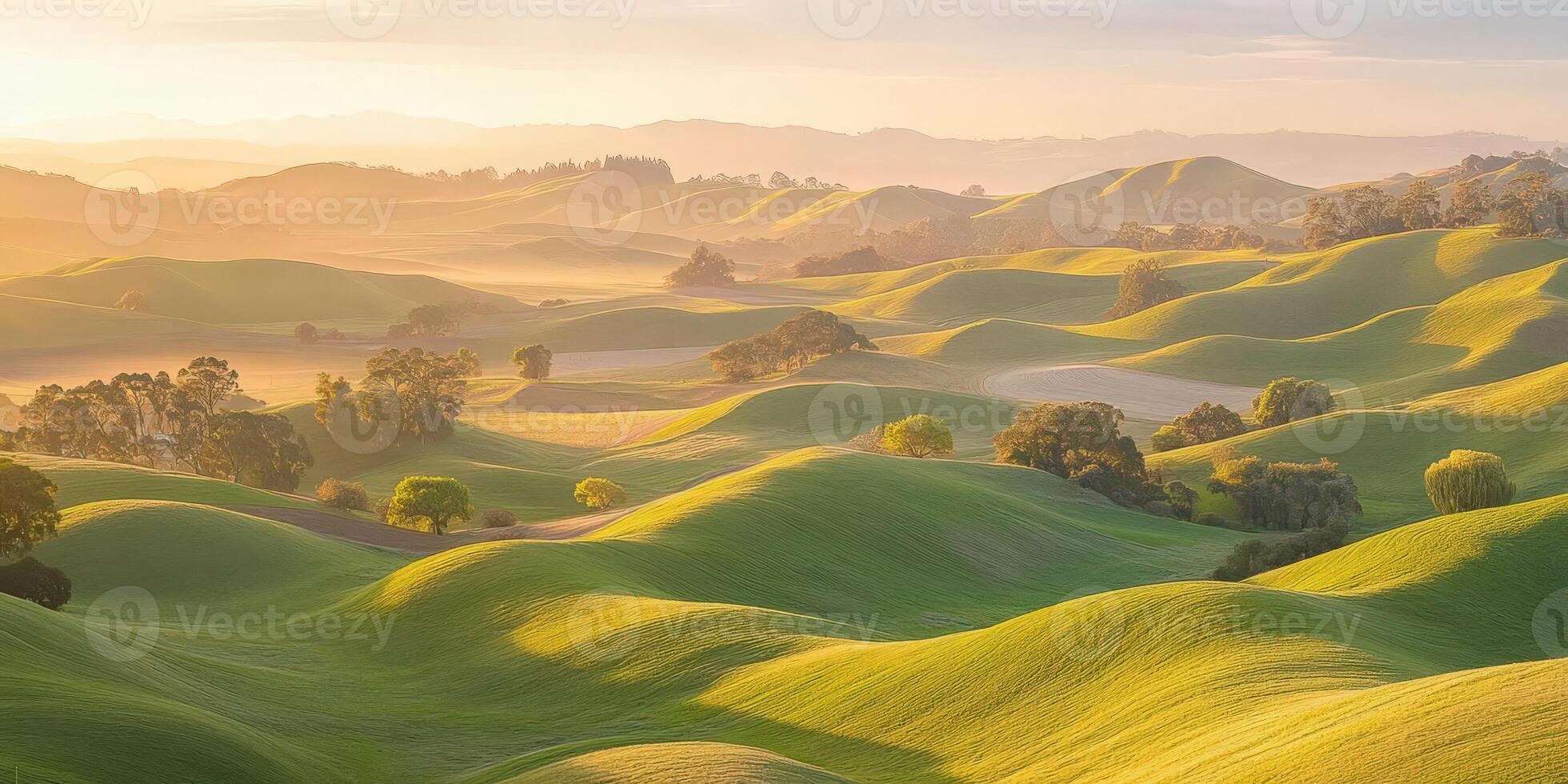 A green rolling hill with trees and grass photo