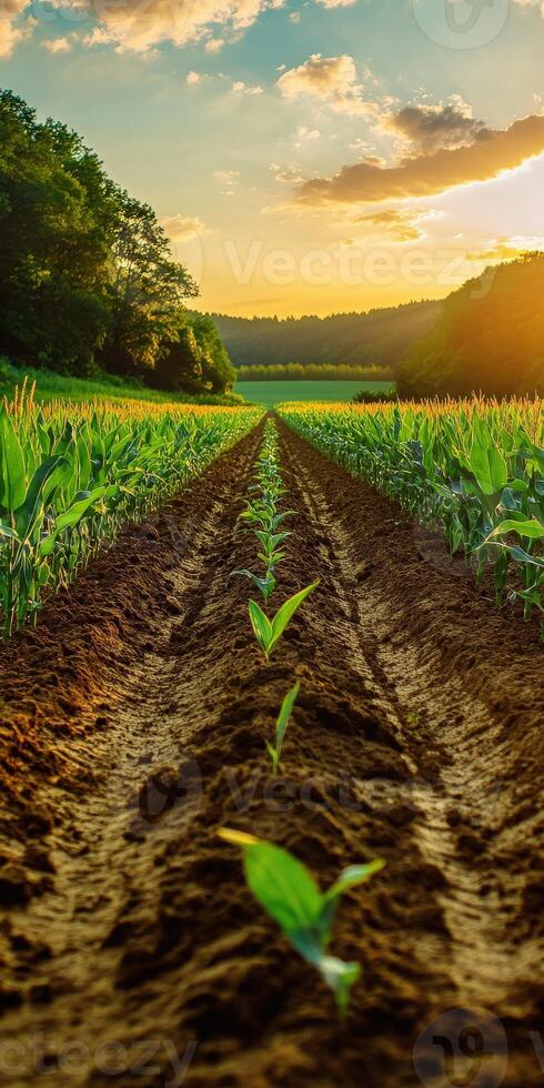 A field with rows of corn plants growing in the sun photo