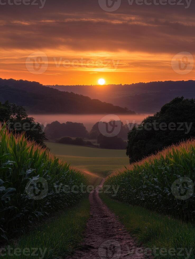 Beautiful sunrise over a field photo
