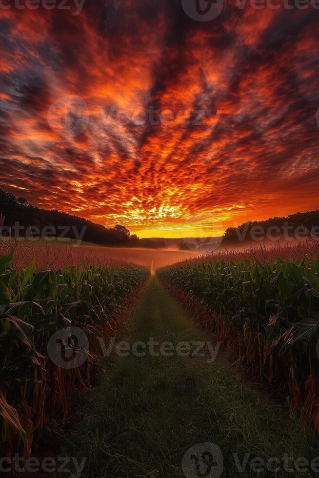 A sunset over a corn field photo