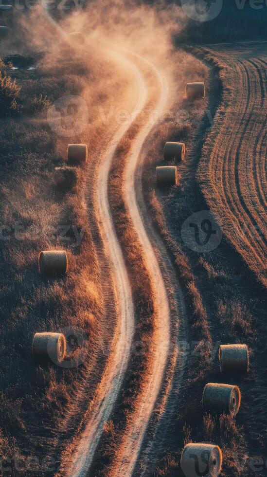 A road with hay bales and dirt photo