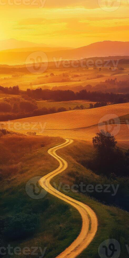 A winding road in the middle of a field at sunset photo