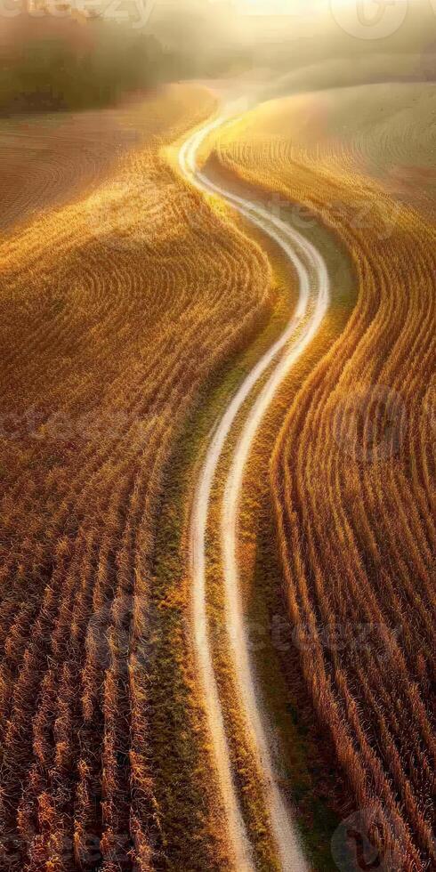 An aerial view of a road winding through a field photo