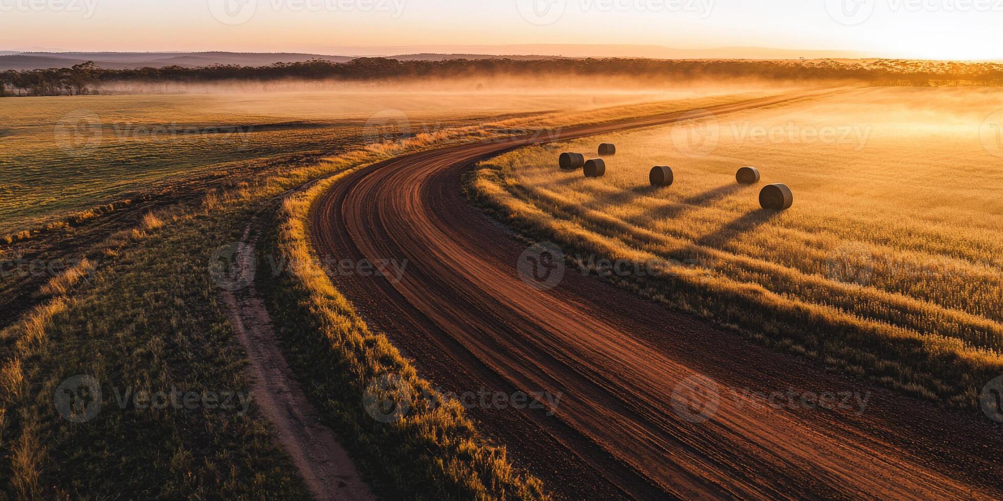 Golden haze over winding road photo