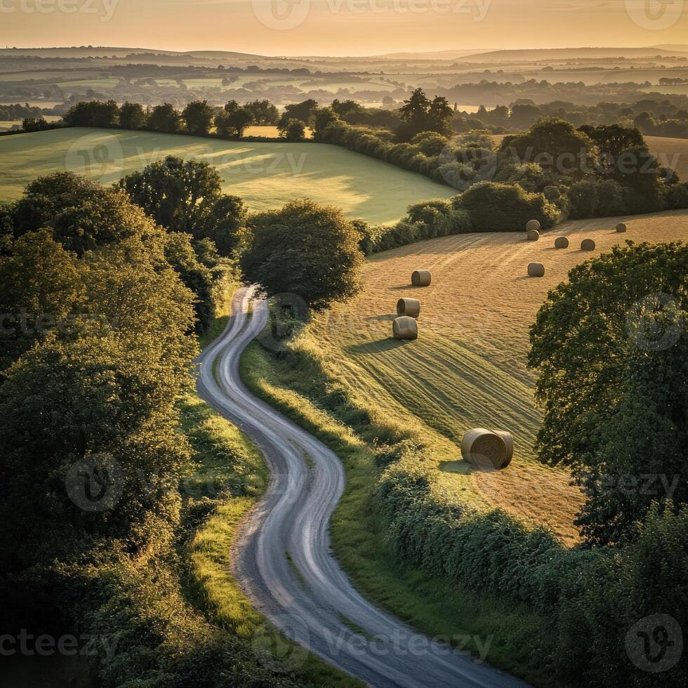 A winding road in the countryside with hay bales photo