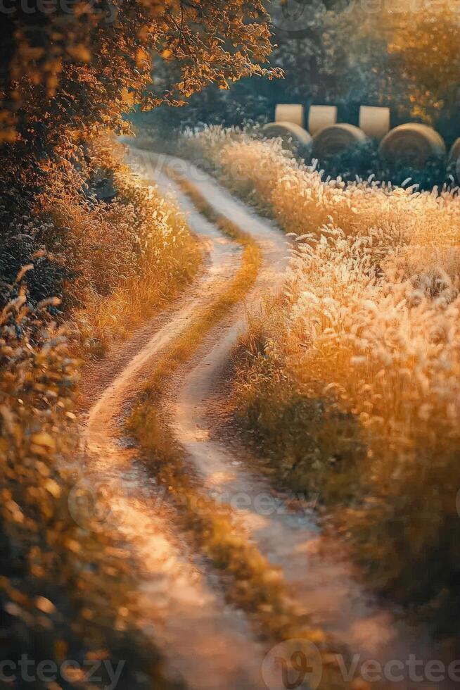 Winding dirt path through golden fields photo
