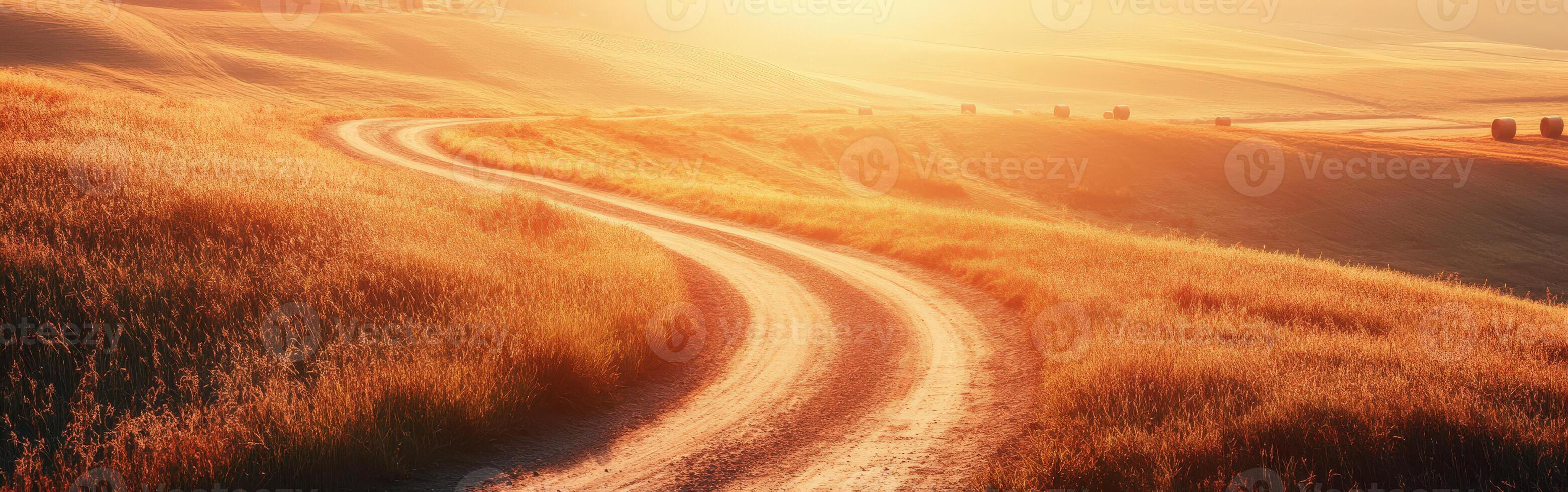 A dirt road winding through a grassy hill at sunset photo