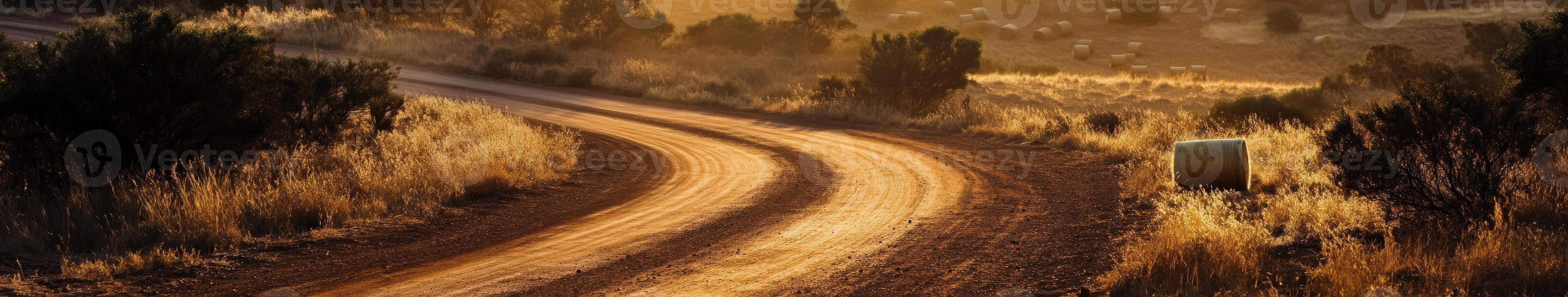 A dirt road in the middle of a field with a sunset in the background photo