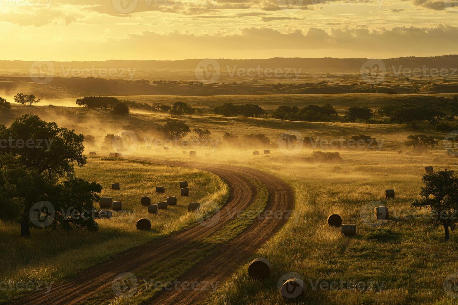 Misty sunset over rolling hills photo