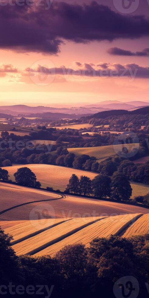 Beautiful sunset over rolling hills photo