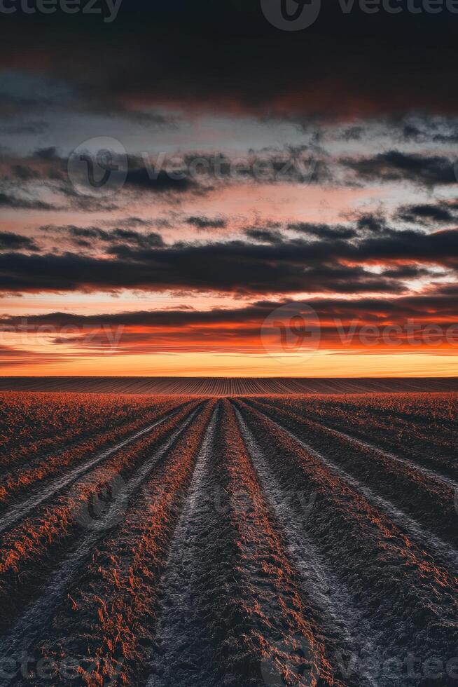 Sunset over the plowed field photo